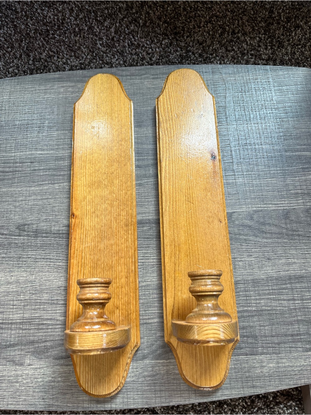 2 solid wood sconces. Handmade by Double D Woodcrafters. Durable! Oak?